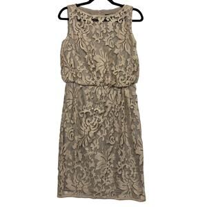 Tadashi Shoji Women's Lace Overlay Blouson Cocktail Dress Taupe Sand Size 4
